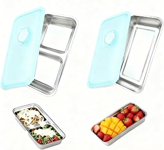 2 Pack Stainless Steel Snack Containers, Grab and Go Snack Containers Reusable, Double Compartment Food Storage Containers with Lids, Outdoor Camping and Daily Use (Double + single Compartment)