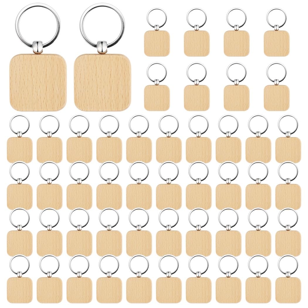 Schlüsselanhänger aus natürlichem Holz, blanko, quadratisch, zum Basteln, personalisierbar mit Farbe oder Gravur, ideal als Geschenk, 50 Stück
