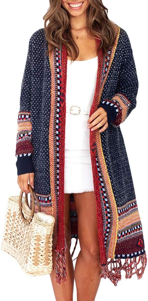 FERBIA Women Boho Cardigan Sweater Long Open Front Maxi Knit Sweaters Aztec Tribal Tassel Fringe Thin Coat - Image 2