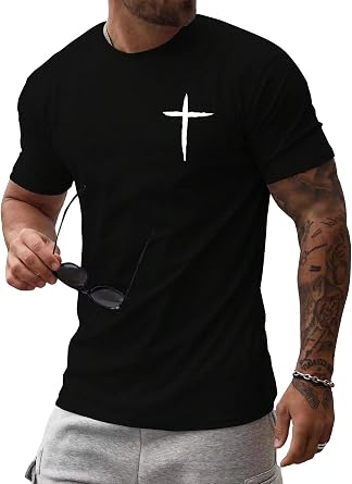 Floerns Mens Cross Print Short Sleeve T Shirt Crewneck Tee Shirts | Crew Neck, Christian, Faith, Graphic, Fathers Day Gift, Summer T Shirts