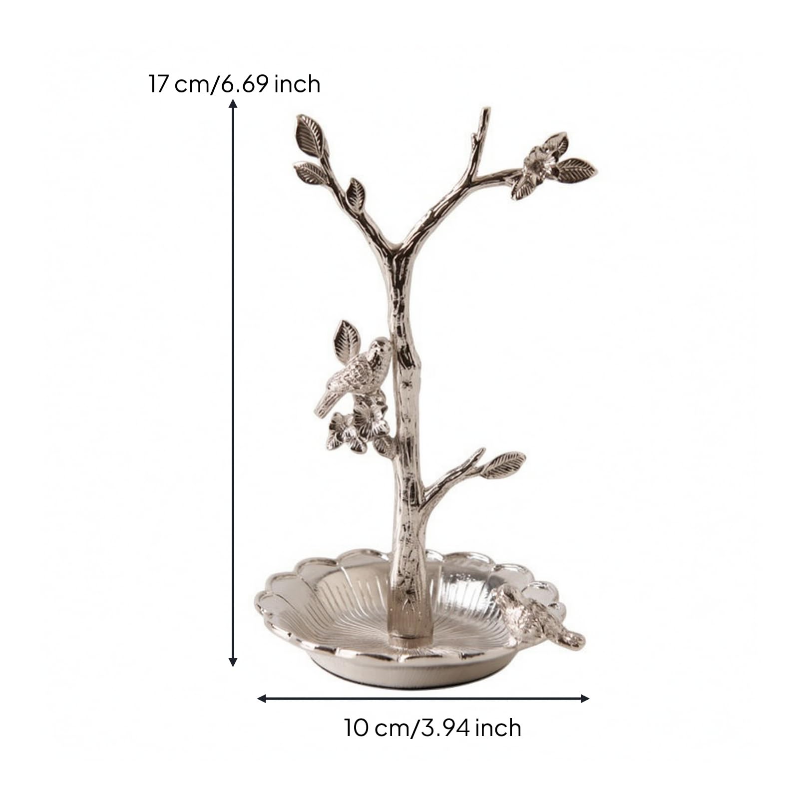 KESOTO Bandeja Organizadora Joyas Metal Decorativo Bandeja con Diseño Pájaro y Ramas Floral Soporte Joyería en Forma para Cómoda