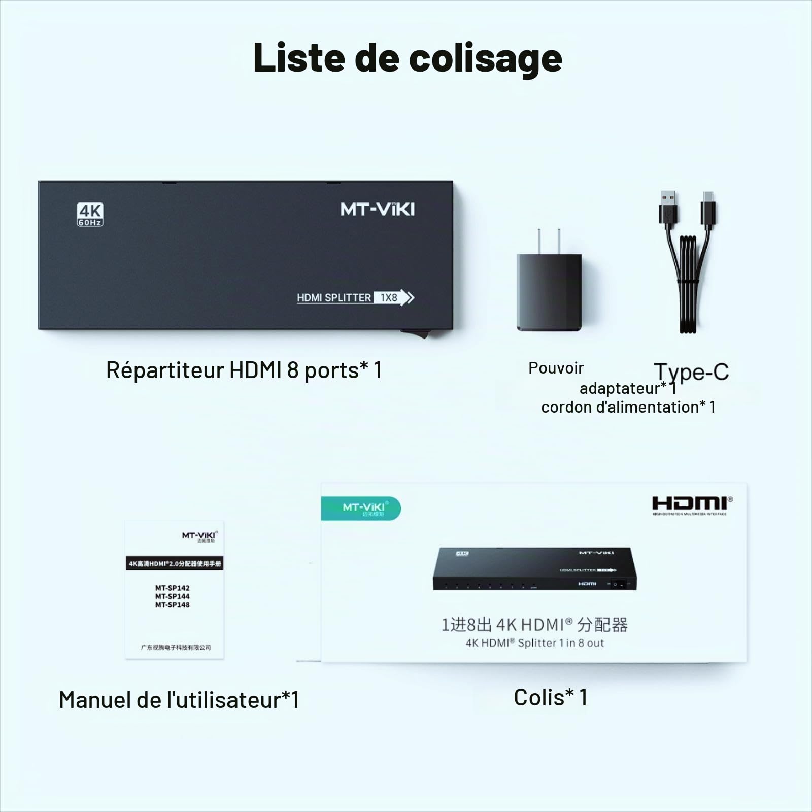 MT-VIKI 4K60Hz HDMI Splitter 1 in 8 Out simultané Distributeur HDMI 8 moniteurs Mirror 1x8 EDID HDCP 2.2 4:4:4 40m Transmission Longue Distance