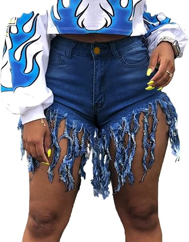 Weigou Women Denim Shorts High Waisted Tassels Summer Stretchy Frayed Raw Hem Sh