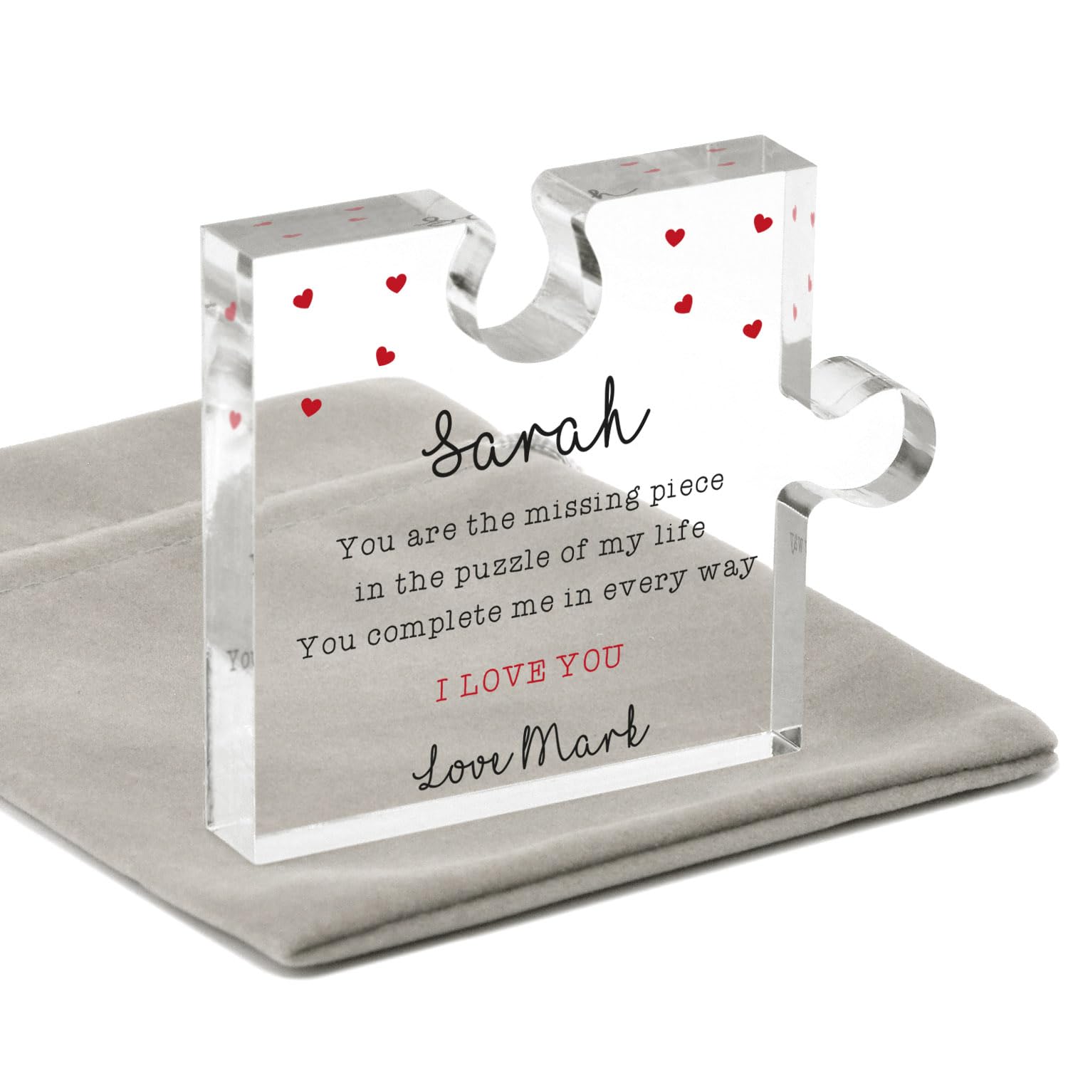 Beecreative Personalised Anniversary, Birthday, Valentines Gifts For Boyfriend Girlfriend - My Missing Piece Acrylic Jigsaw Puzzle Keepsake - I Love You Couples Husband Wife Gifts - With Grey Bag
