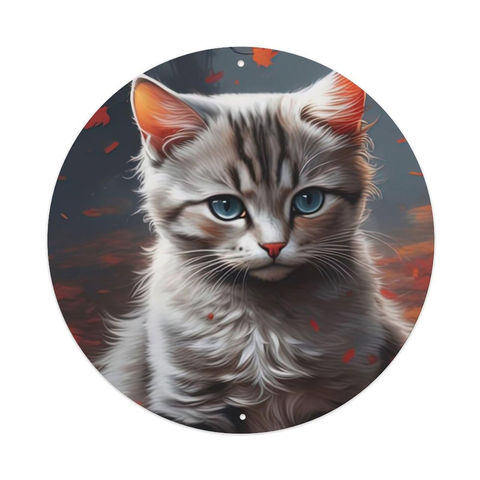 Animal Artwork Kitten Under Maple Leaves Vintage Metal Tin Sign Plaque Wall Decor for Cafe, Club, Garden Round Metal Poster 8x8Inch