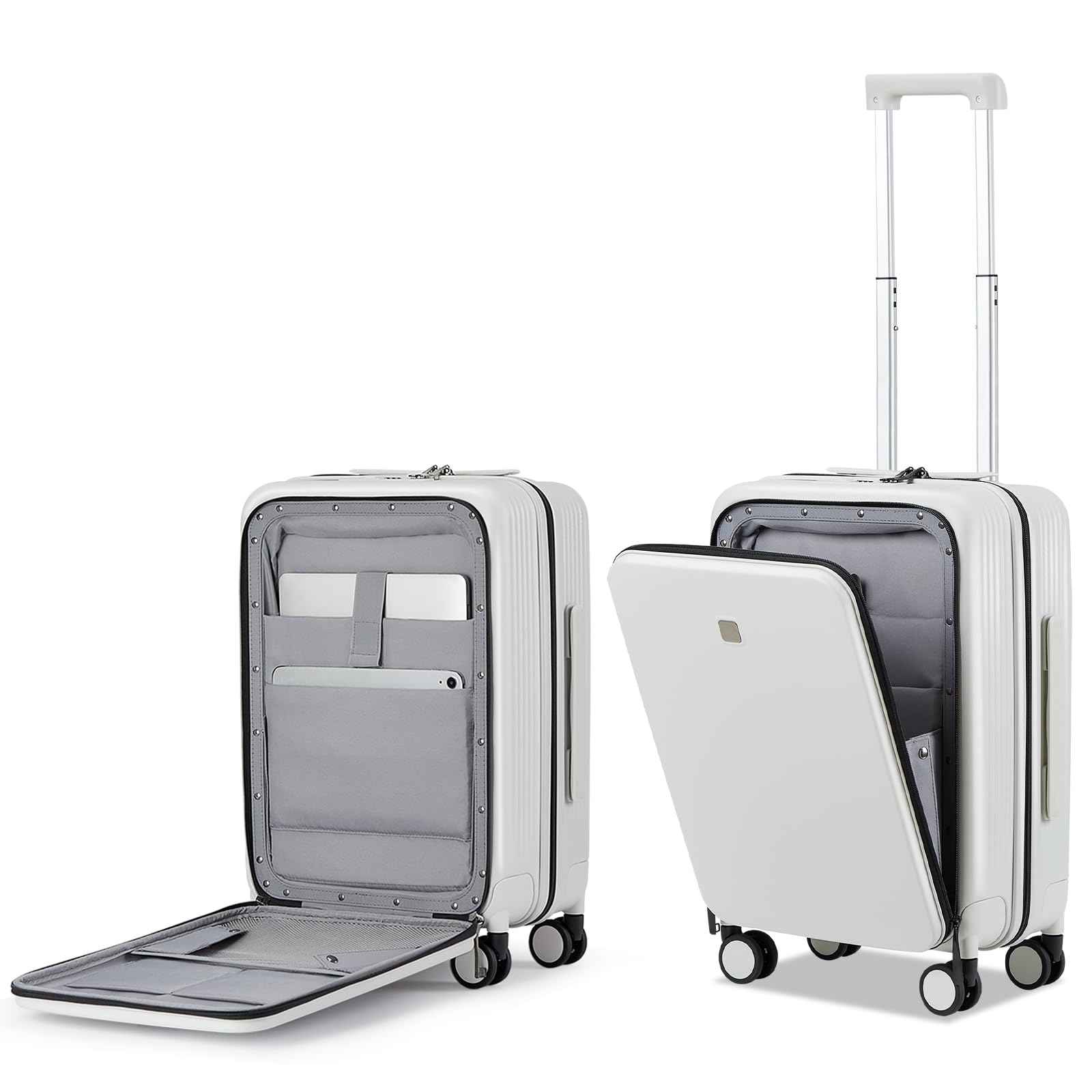 HankeGrace Carry On Luggage with Wheels Airline Approved Hard Shell Suitcases with Front Pocket，Top Opening Luggage with TSA Lock for Short Business Travel，Smoke White.