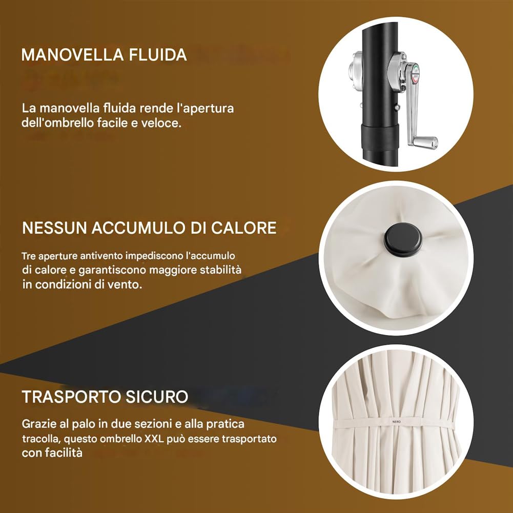 BAKAJI Ombrellone Doppio da Patio Rettangolare con Sistema di Apertura e Chiusura Manovella, 3 Tettucci Poliestere Anti UV e Impermeabile, Ideale per Giardino, Esterno, Bistrot, Bar (4,5 x 2,7 Metri)