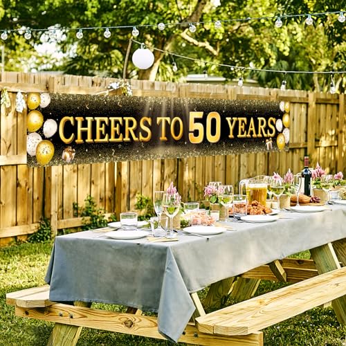 Image of TZSS Black & Gold 50th Birthday Banner Decorations - Extra Large 118 inchx20 inch Reusable Yard Sign for Women & Men, Over The Hill Party Decor Indoor Outdoor, 50 and Fabulous Happy 50th