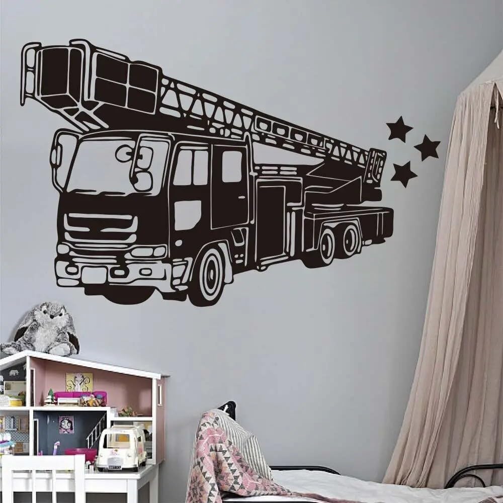 Fire Truck Firefighter Wall Sticker Playroom Bedroom Fire Truck Fire Hydrant Car Vehicle Wall Decal Living Room Vinyl 67X42CM