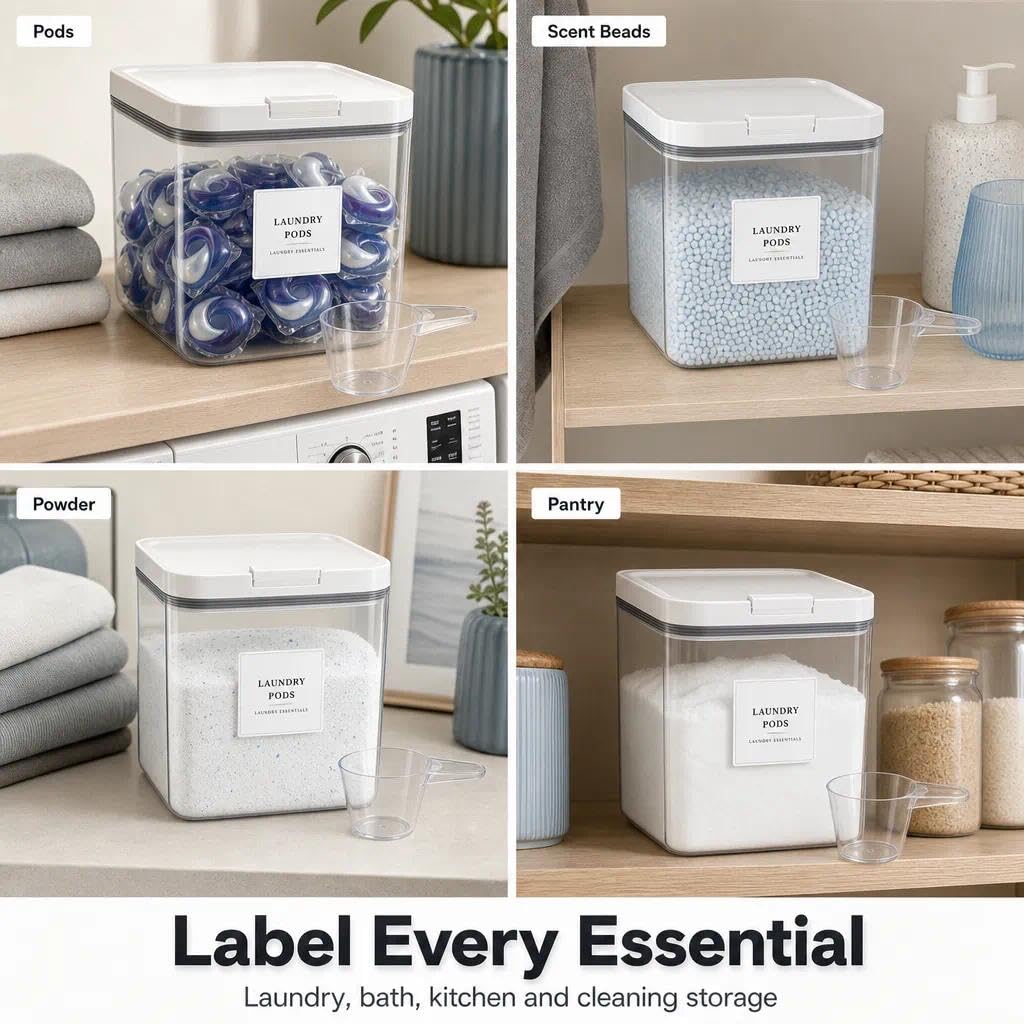 Waschmittel Aufbewahrungsbox 4,5 L mit Klappdeckel, transparenter Behälter aus PET für Waschpods,Waschmittelpulver und Duftverstärker, inkl. Messbecher und Etiketten, 20,5 x 16,6 x 24,5 cm