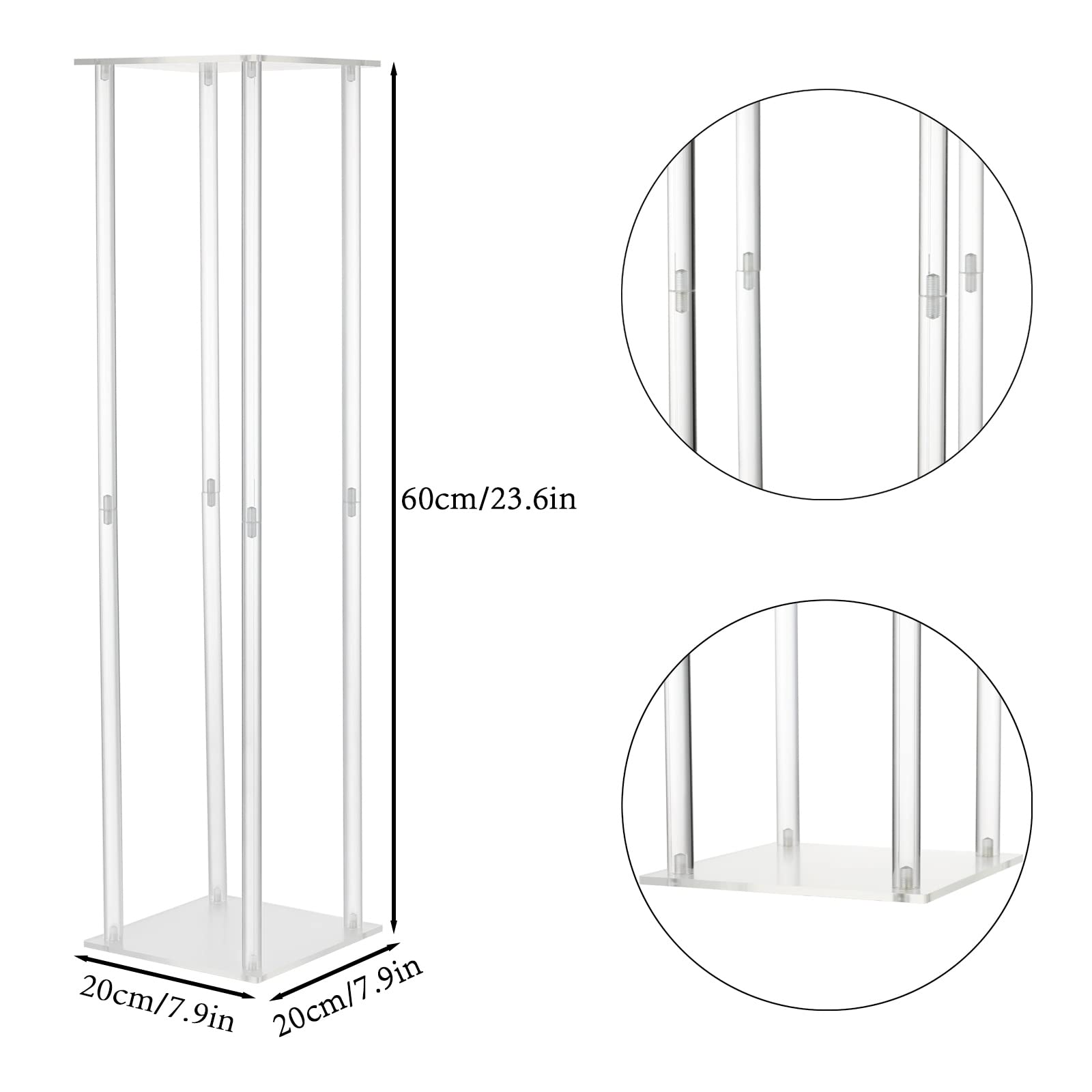 2 jarrones de acrílico para centros de mesa de boda, soporte de flores de acrílico transparente de 23.6 pulgadas de alto, soporte de flores geométricas rectangulares, soporte de postre para