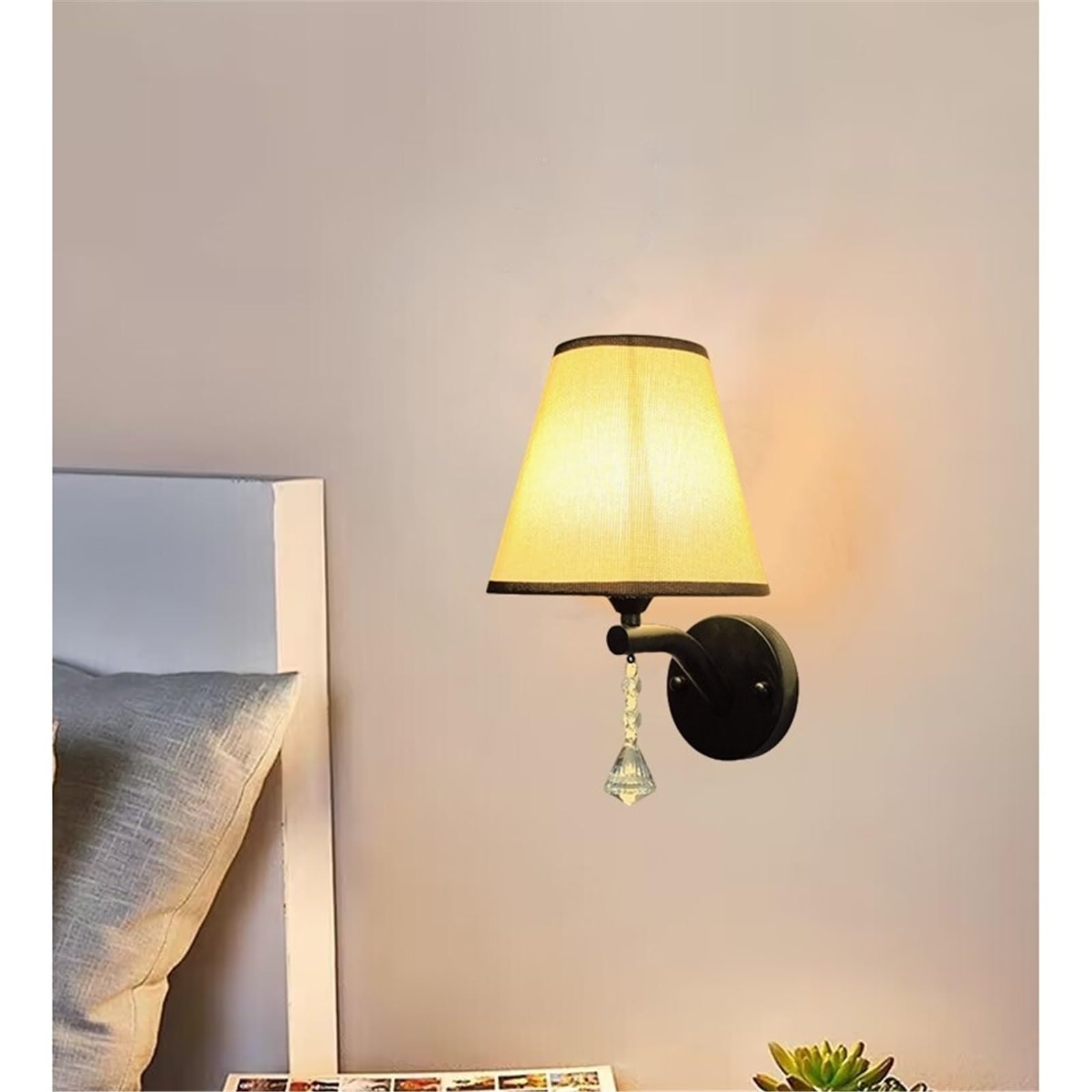 Matte Black Iron Wall Sconce Taper Linen Fabric Shade Light Applique