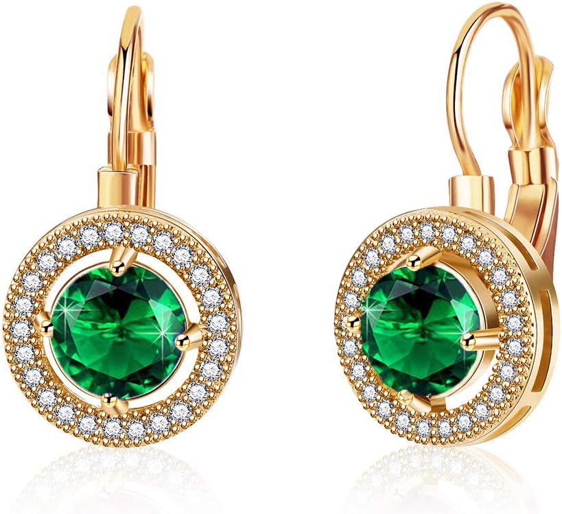 Austrian Crystal Halo Round Drop Leverback Earrings for Women 14K Rose Gold Plated Hypoallergenic Jewelry