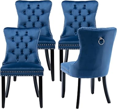 Set of 4 Dining Chairs Blue Velvet Upholstered Dinner Chair with Back Ring Pull Nailhead Trim and Solid Wood Legs Modern Kitchen Chairs for Western Restaurant Living Powder Room Hotel