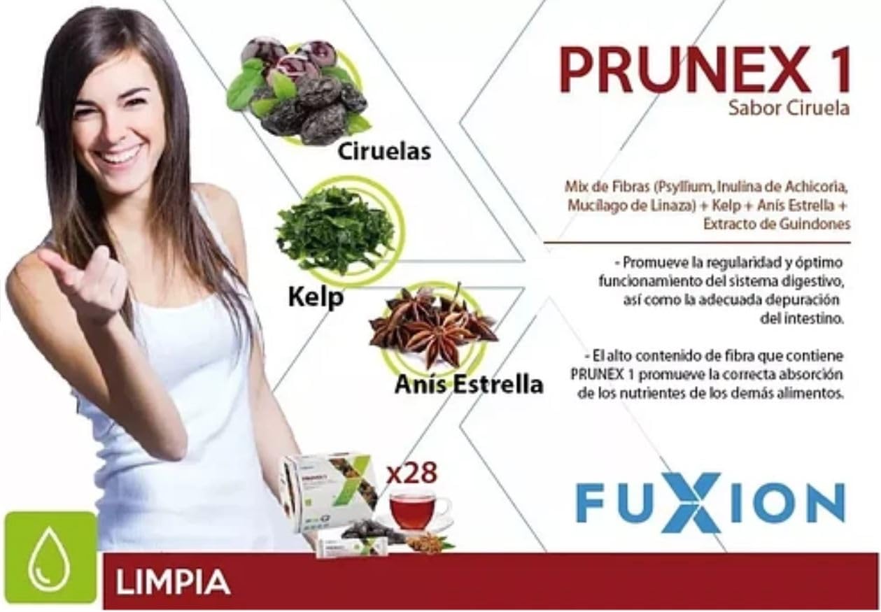 Prunex 1 Té te en polvo, sabor guindon ciruela para limpieza y desintoxicación de colon, para un tránsito intestinal óptimo (Pack 28 un, 140, gramo)