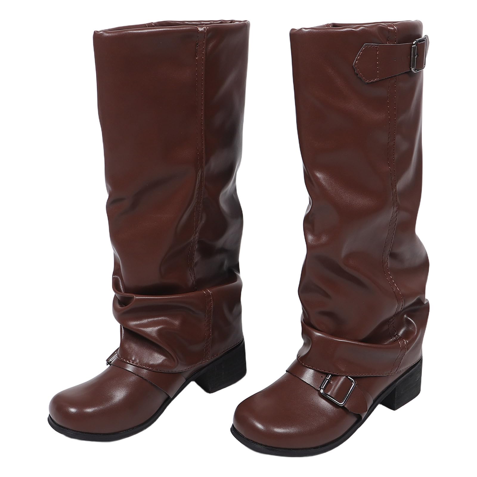 GLEAVI 1 paio di stivali western da donna in PU marrone a metà polpaccio, alti fino al ginocchio, stile cowgirl, con polpaccio largo, per feste di ballo country, per ragazze, abiti vintage invernali