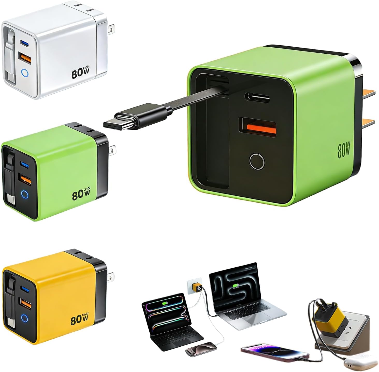 80W USB-C Retractable Fast Charger, PD Wall Charger with Built-in Retractable USB-C Cable, Portable Power Adapter for iPhone 17 Pro Max/16/15, Samsung, iPad, MacBook Air & USB-C Devices (Green, 10)