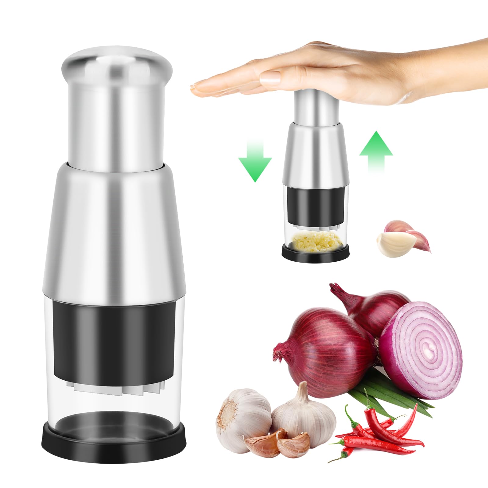 Dokeno Presse-Ail Inox, Hacheuse d'Échalote, Coupe-Oignon, Manuel à Pousser, Hachoir Gingembre, Ustensile de Cuisine pour Ail, Poivrons, Oignons - Noir