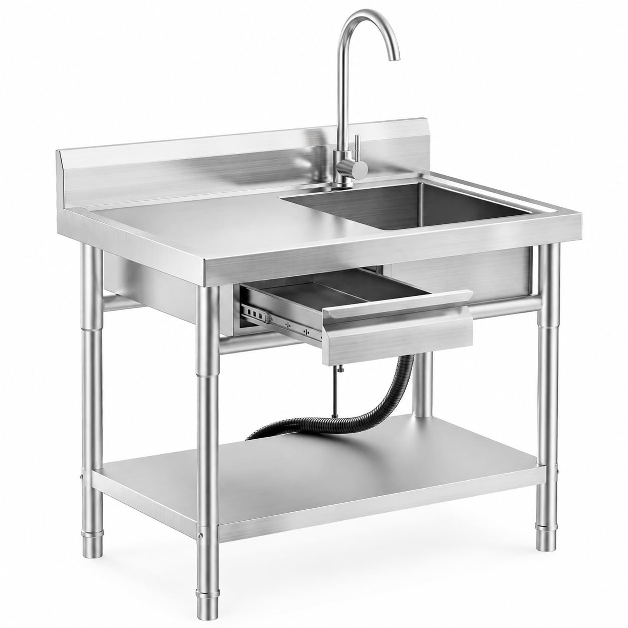 39" Stainless Steel Utility Sink, Commercial Sink with Workbench, Drawer