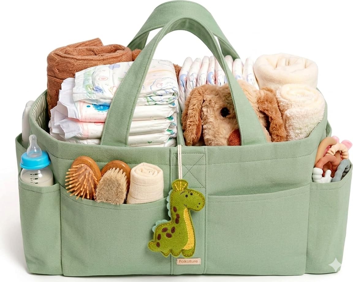 Folkulture Baby Diaper Caddy | Cotton Diaper Bag for Kids - Stylish Comfort Spacious Travel Essential Cart | Nursery Storage Bin and Car Organizer for