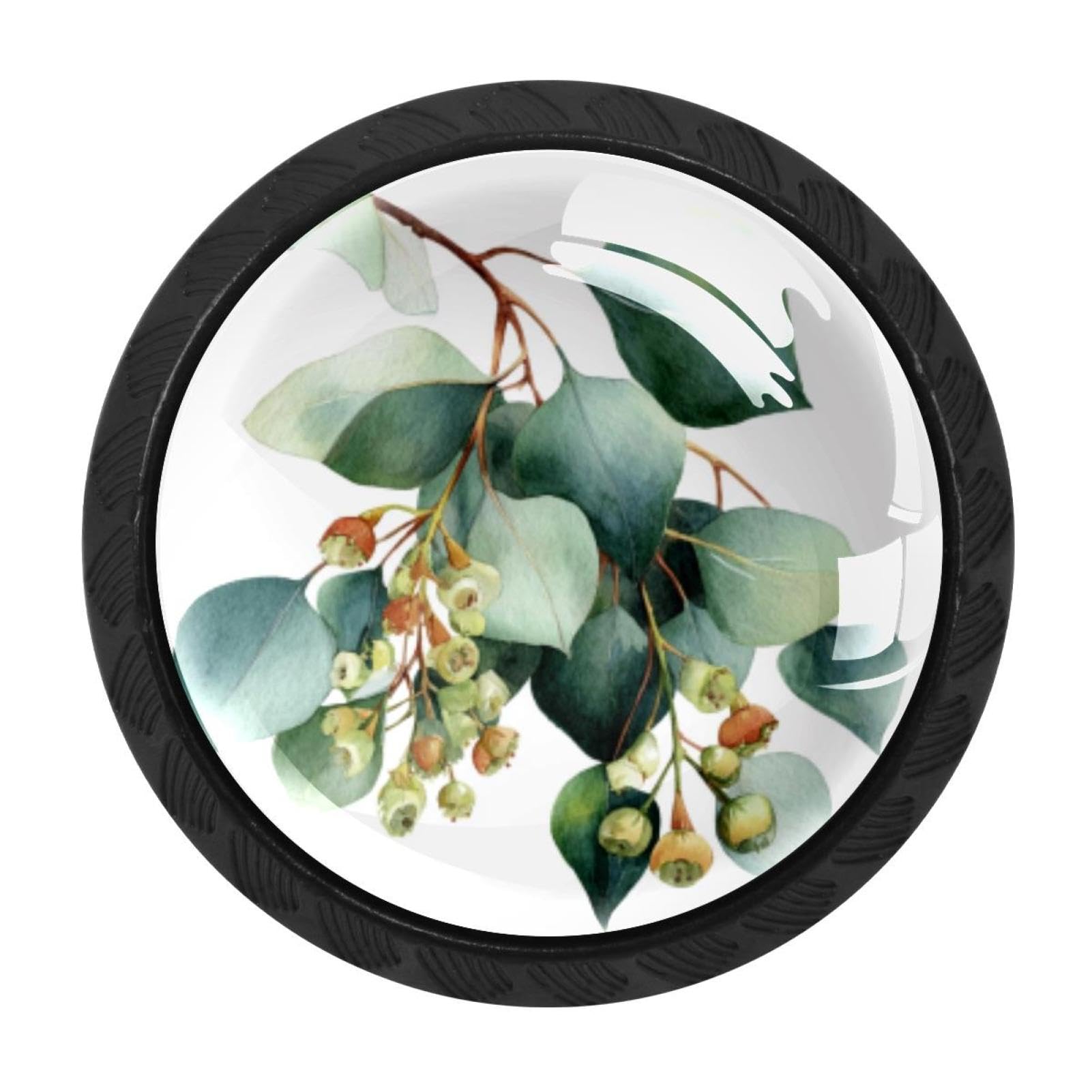 CHENZZZZ 4 pcs Eucalyptus Branches Leaves (3) Cabinet Knobs Crystal Drawer Pulls for Kitchen, Bathroom Cabinet, Dresser and Cupboard