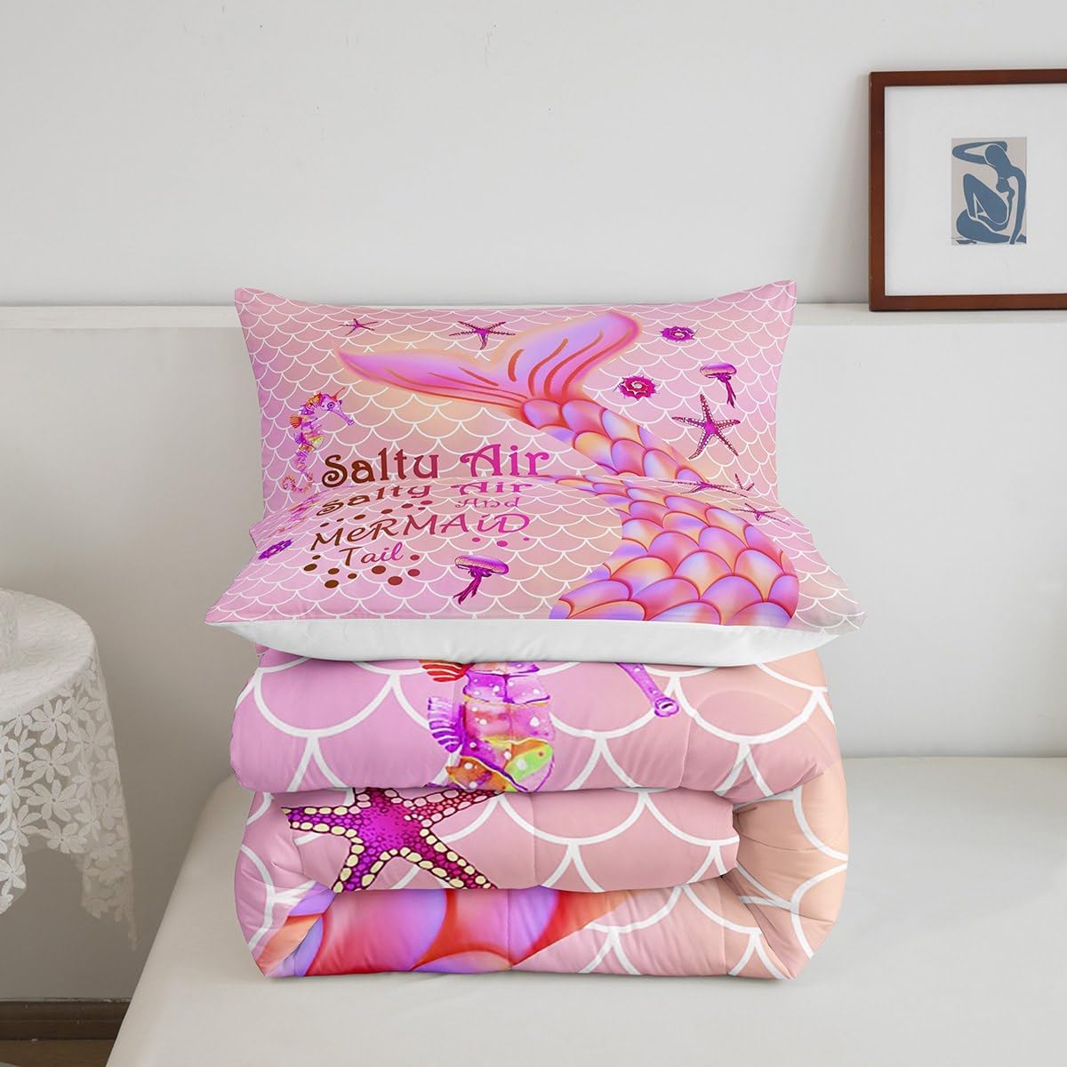 Mermaid Tail Comforter Set for Kids,Full Size Mermaid Bedding Sets for Girls,Gradient Rainbow Fish Scale Quilt Set,Pink Watercolor Sealife Seahorse Nautical Duvet Insert with 2 Pillowcases