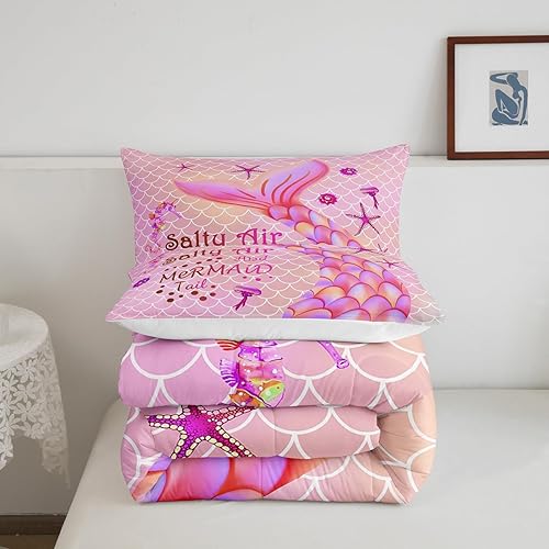 Miniatura 5 de Juego de edredón de cola de sirena para niños, juegos de ropa de cama de sirena tamaño matrimonial para niñas, juego de edredón de escamas de peces