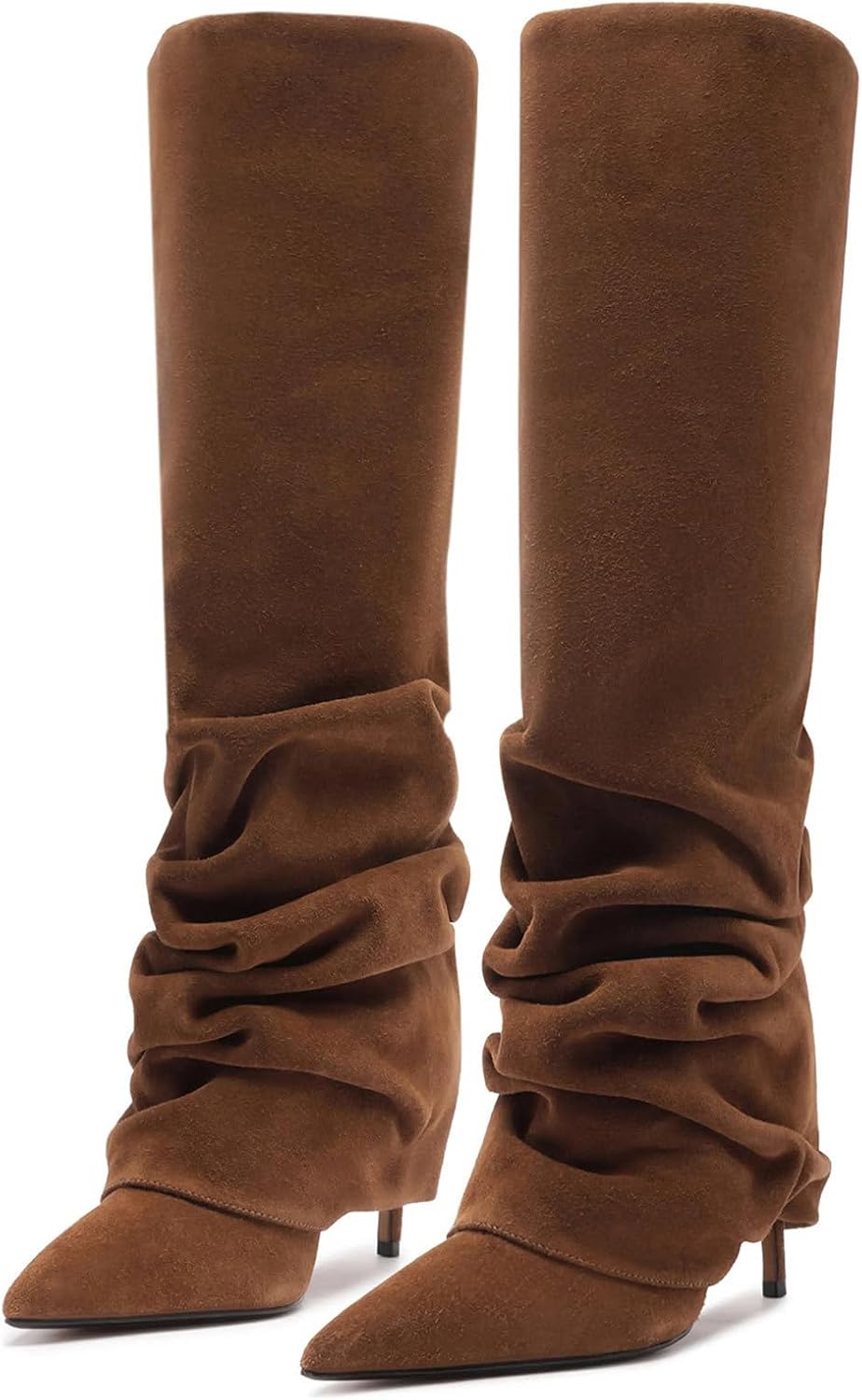 Women's Fold Over Knee High Boots Stiletto Heels Slouchy Long Boot Pointed Toe Thigh High Dress Tall Boot with Zipper