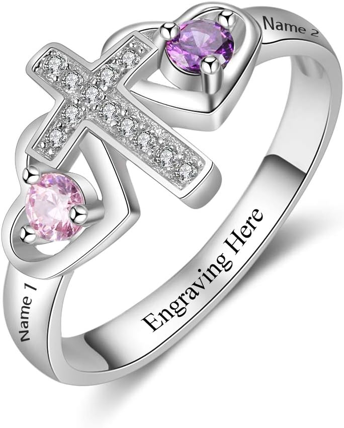 ALBERTBAND Personalized Cross Birthstone Ring for Women – 925 Sterling Silver Custom 2 Name Ring, Cross Promise Ring, Gift for Mom, Daughter, Wife, Birthday, Mother’s Day