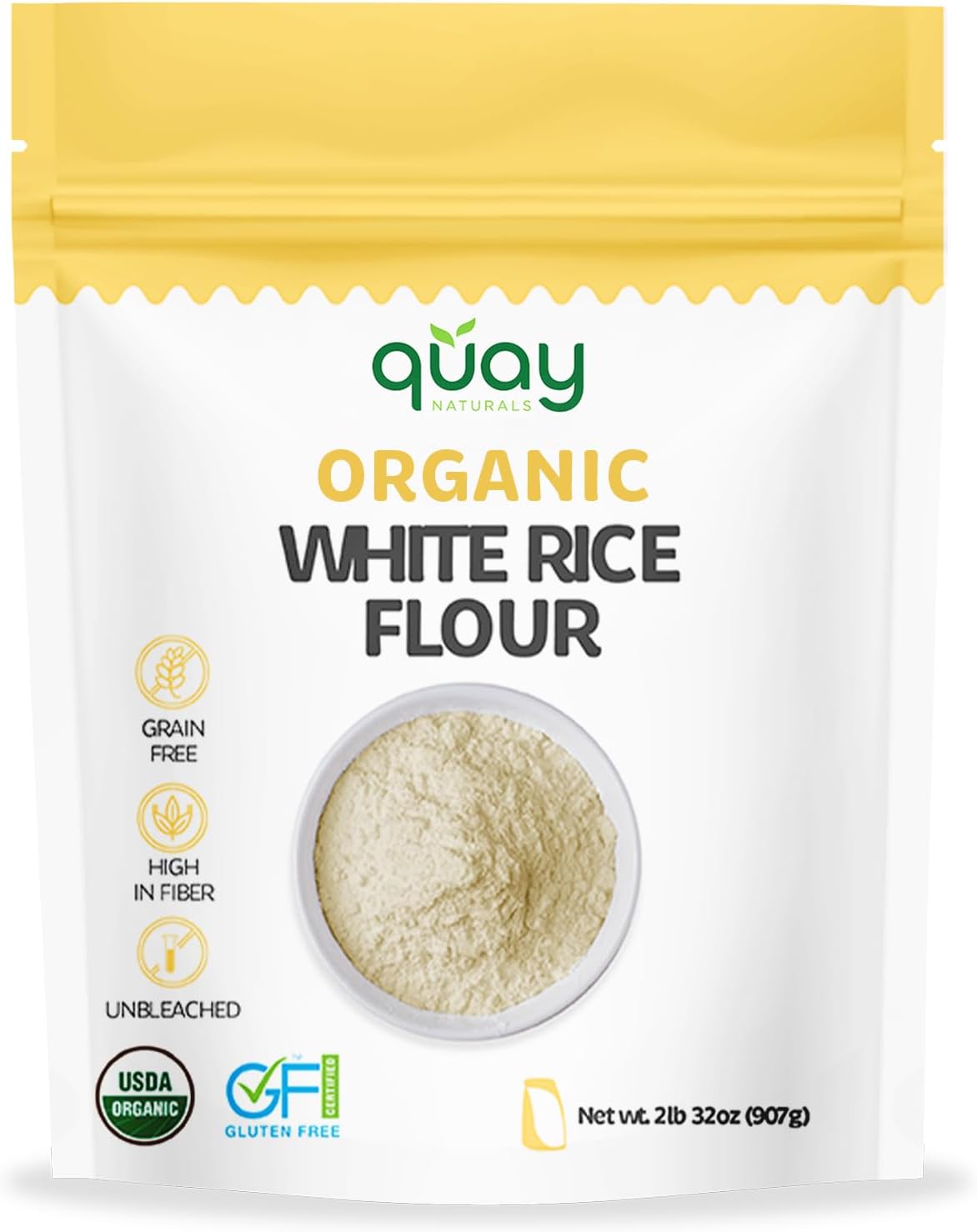 Quay Naturals Organic White Rice Flour, 2 lb, Finely Milled for Baking & Cooking - Gluten Free, Non GMO
