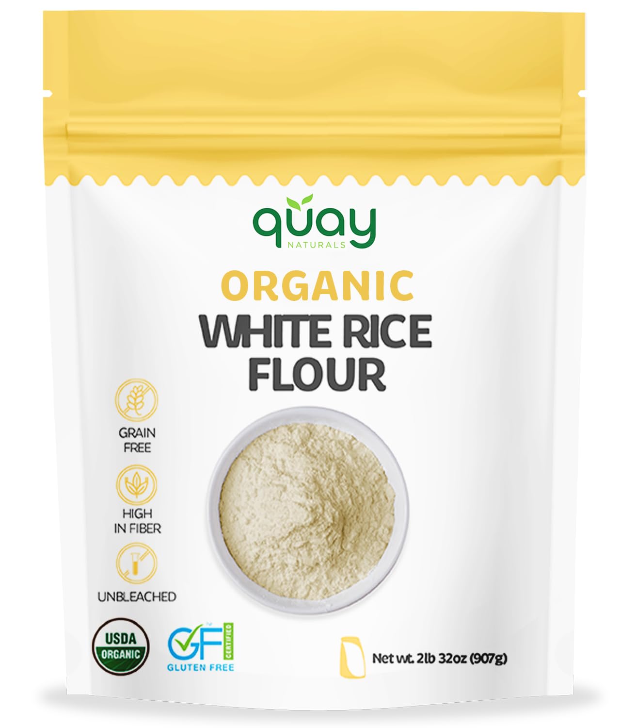 Quay Naturals Organic White Rice Flour, 2 lb, Finely Milled for Baking & Cooking - Gluten Free, Non GMO