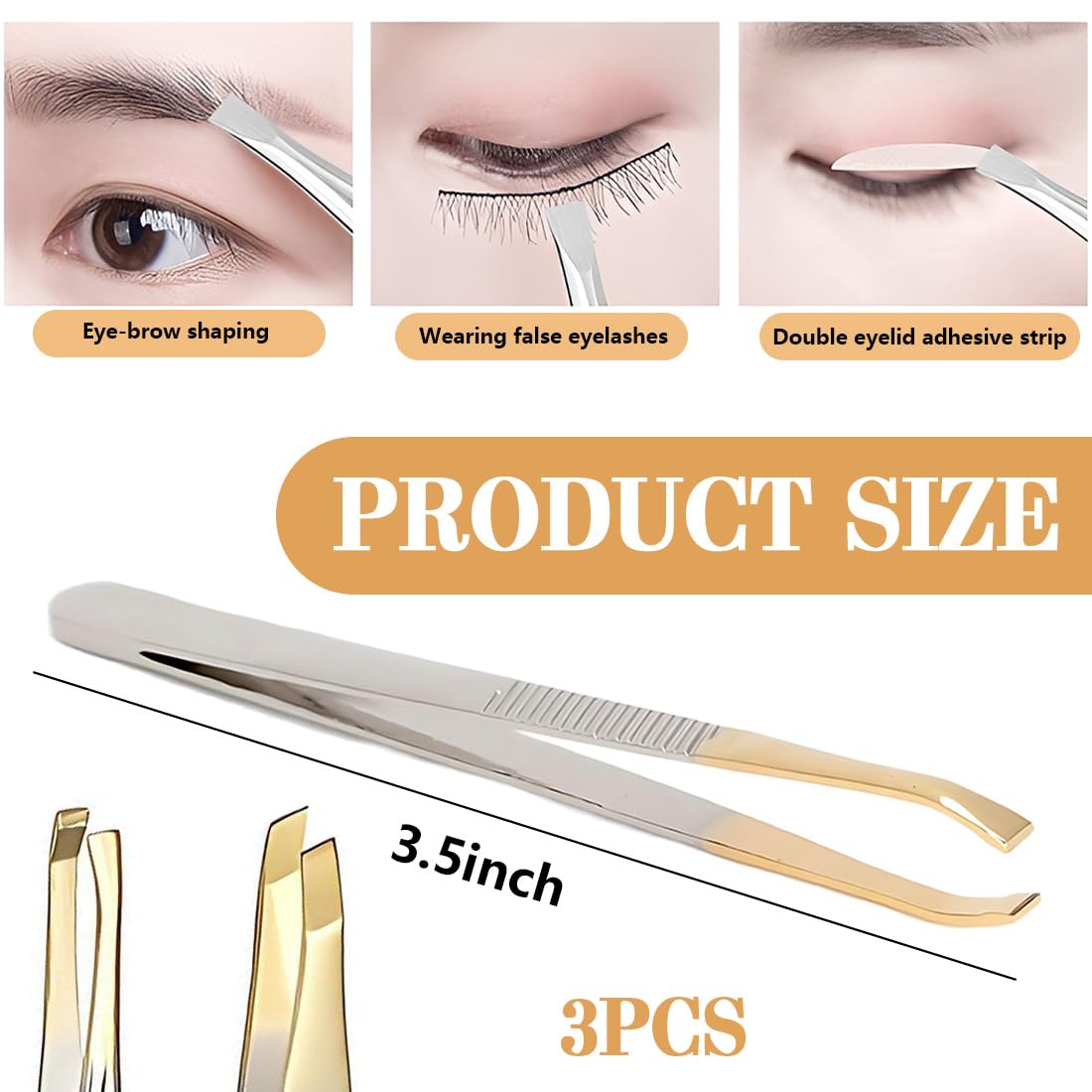 Pinzetta Sopracciglia, Set Di 3 Pezzi In Acciaio Inox, Semi-Dorato, Lunghezza 9 Cm, Pinzette Professionali Per Allungare Ciglia, Rimozione Peli Viso, Cura Sopracciglia E Barba