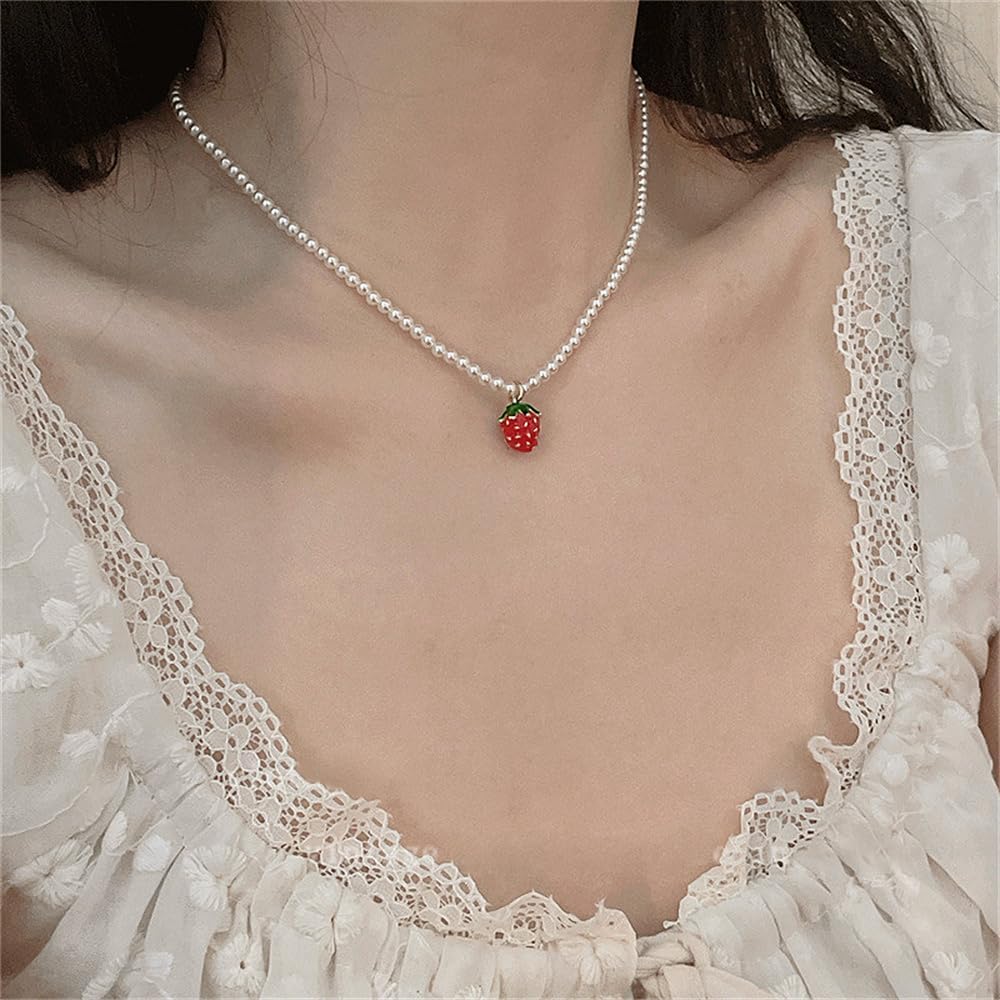Cute Strawberry Pearl Beads Chain Choker Necklace for Women Gold Sweet Adorrable Pearls Beaded Clavicle Necklaces Lovely Fruit 3D Enamel Pendant Fresh Tropical Fruit Handmade Charm Holiday Jewelry Gifts - Image 5