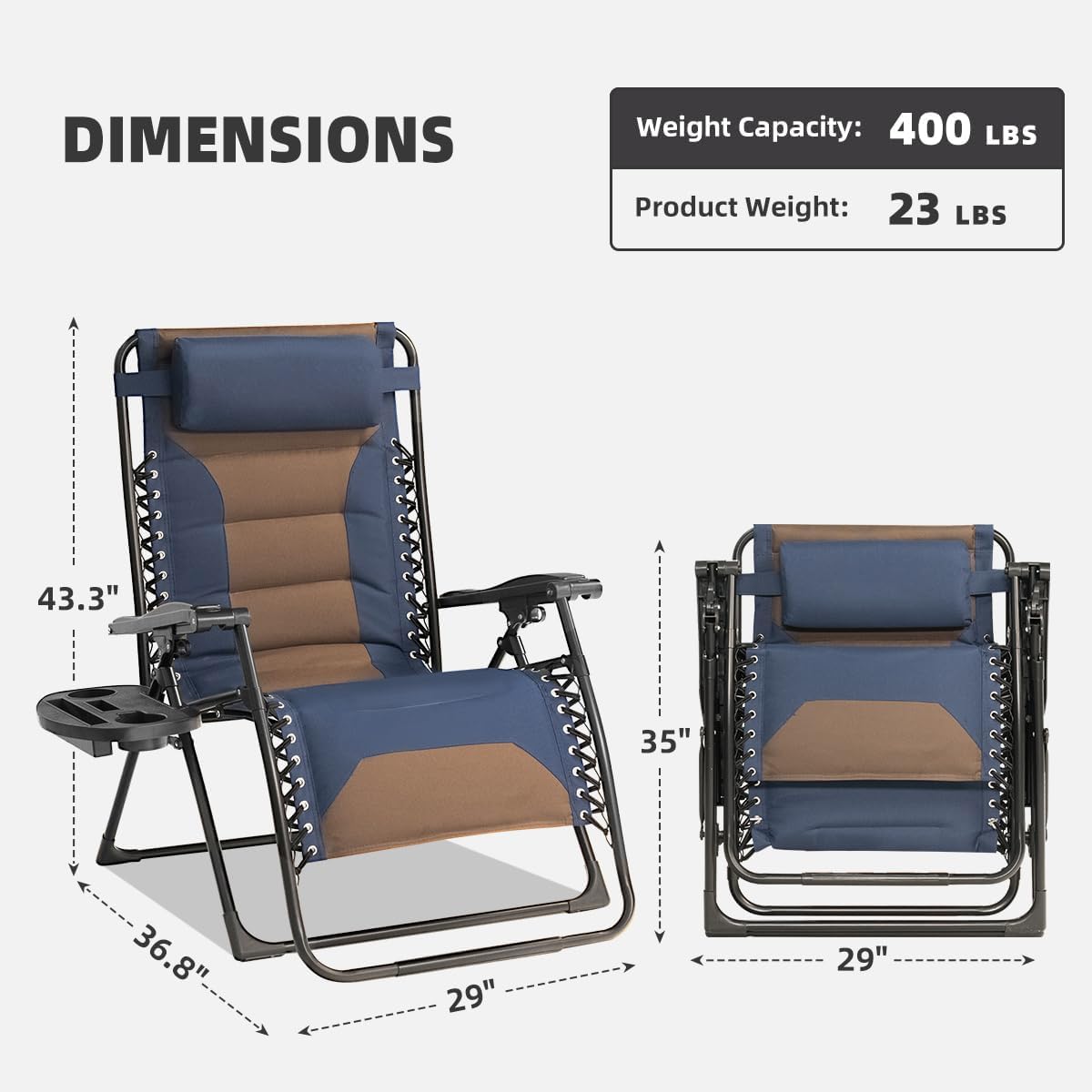 Zero Gravity Chair Oversized Padded Recliner with Adjustable Headrest & Cup Holder - 600D Oxford Folding Lounge Chair for Outdoor Camping, Patio, Poolside (Brown & Blue)