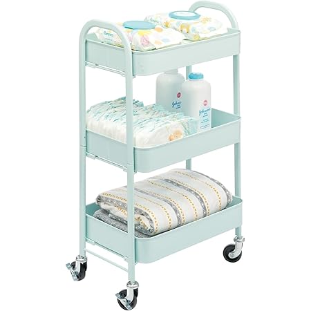 mDesign Metal 3-Tier Rolling Utility Storage Carts - Organizer Trolley for Bathroom, Kitchen, Laundry, Office, and Kids Rooms - Heavy Duty Caddy with 4 Caster Wheels - Mint Green