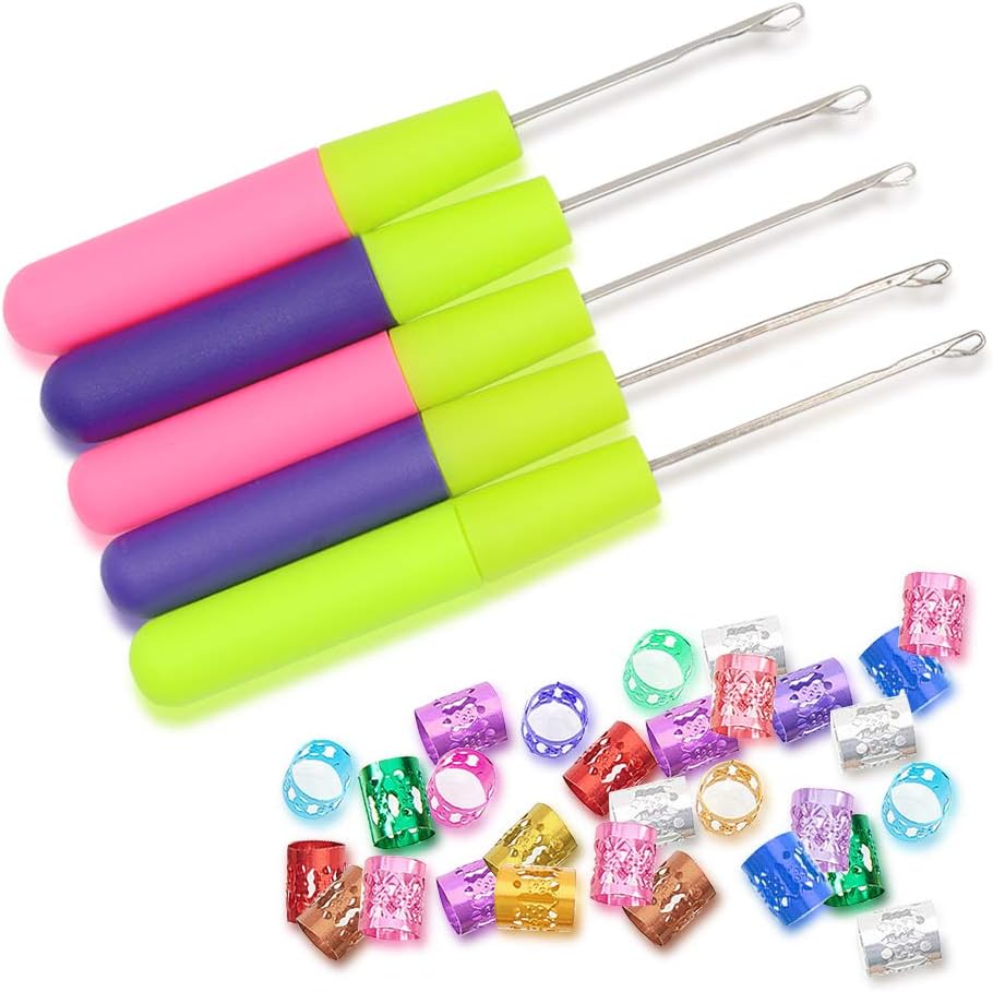 HOSTK 5PCS Dreadlock Crochet Hooks Tool with 50PCS Dreadlocks Crochet Ring Hair Crochet Needle Latch Hook Crochet Needles Set for Hair Dreadlock Accessories Decoration