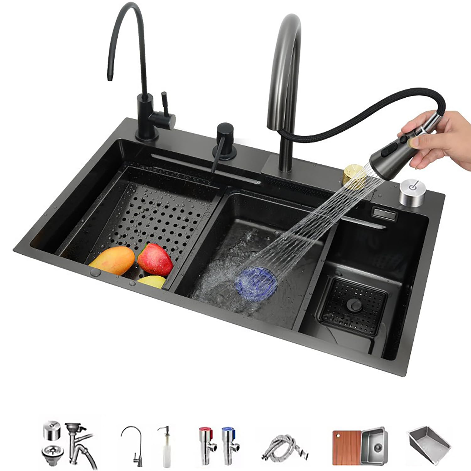 Sddpulse Silver Waterfall Kitchen Sink Stainless Steel Sink With Pull Out Faucet, Modern Deep Sink For Kitchen, Bar, Dining Room, 80 X 45 Cm, Silent Operation, Multifunction,