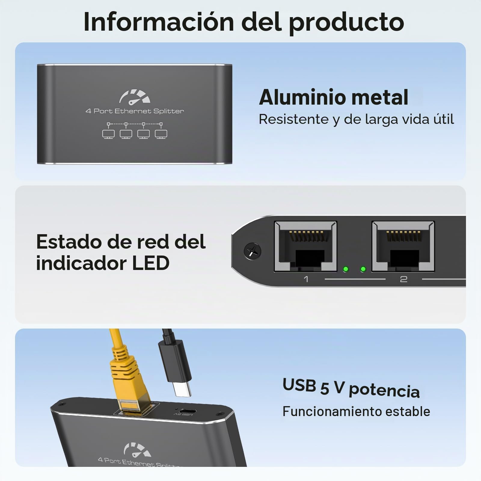 VEDINDUST Switch Ethernet 1 a 4 Puertos 1000Mbps Ethernet Splitter, RJ45 Hub Network LAN Gigabit Ethernet Duplicador con Cable de USB C, para Ordenador, Router, TV
