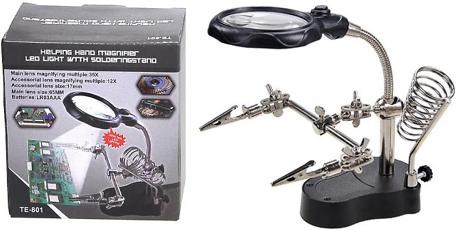 New Helping Hands 3.5x-12x LED Magnifying Glass Soldering Station with Alligator Clamps & Auxiliary Tools - Precision Repair Kit for Electronics, Miniatures & Assembly Work