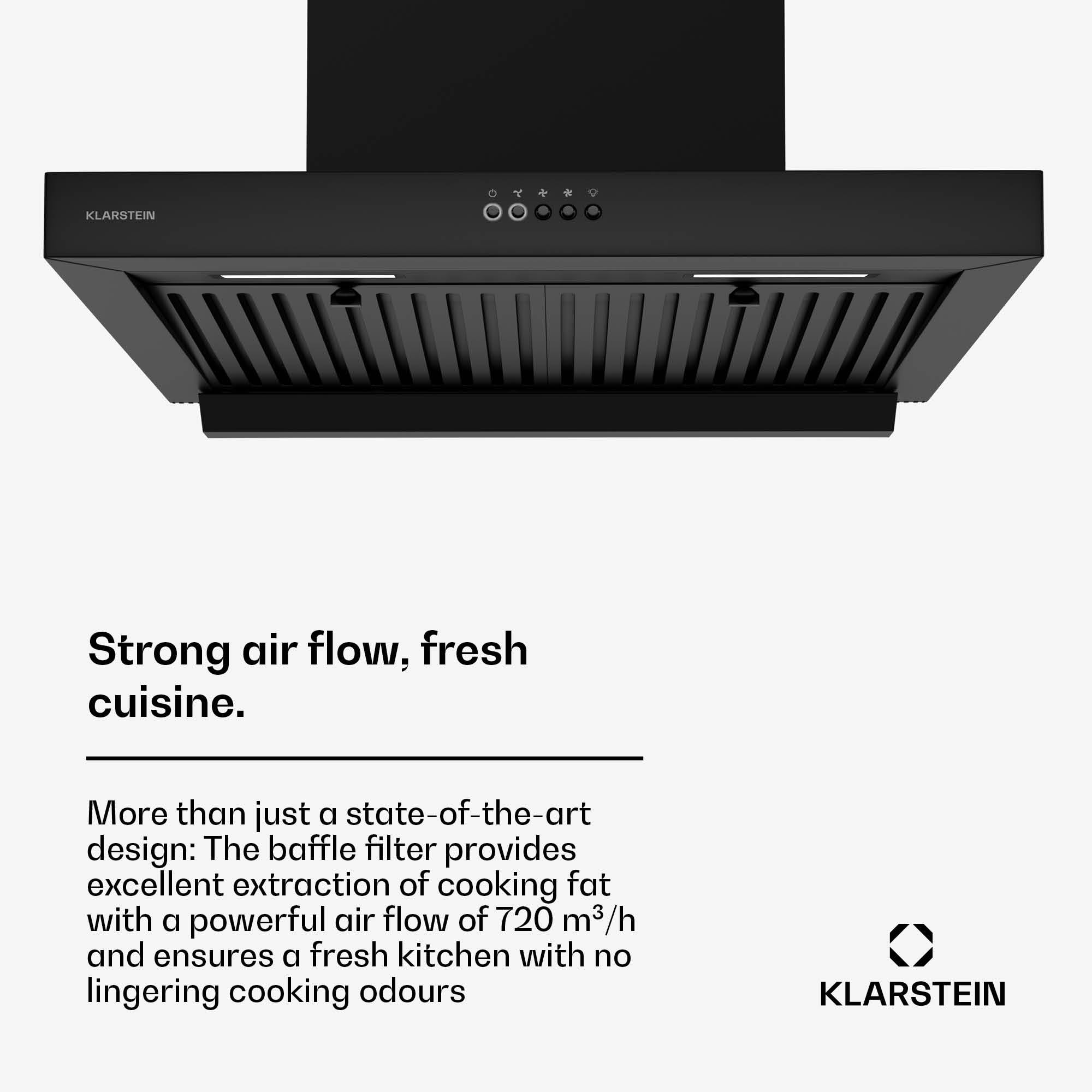 Klarstein AeroClean Okap kuchenny - Okap ścienny 60 cm, Tryb Boost 721 m³/h, Klasa energetyczna A++, Oświetlenie LED 3800-4200 K, Przyciski, Czarny, Wyciąg i recyrkulacja