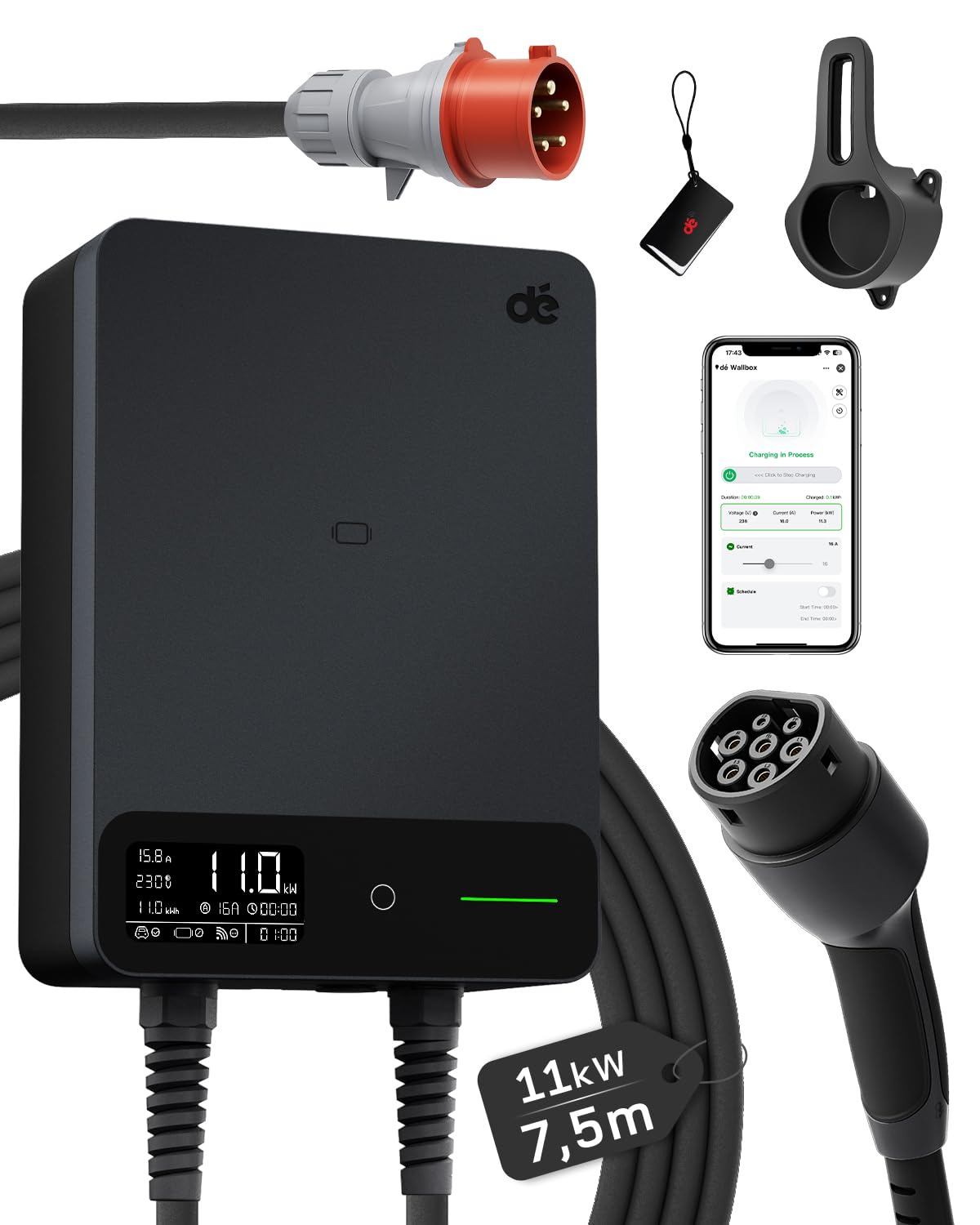 dé Wallbox 11kW mit APP, 10m Typ 2, §14a EnWG, EV Ladestation, Schwarz | mit Kabelhalter, 3-Phasen (6-16A, 400V), für BEV/PHEV, RCD Type A 30mA AC + 6mA DC & IP54-Schutz