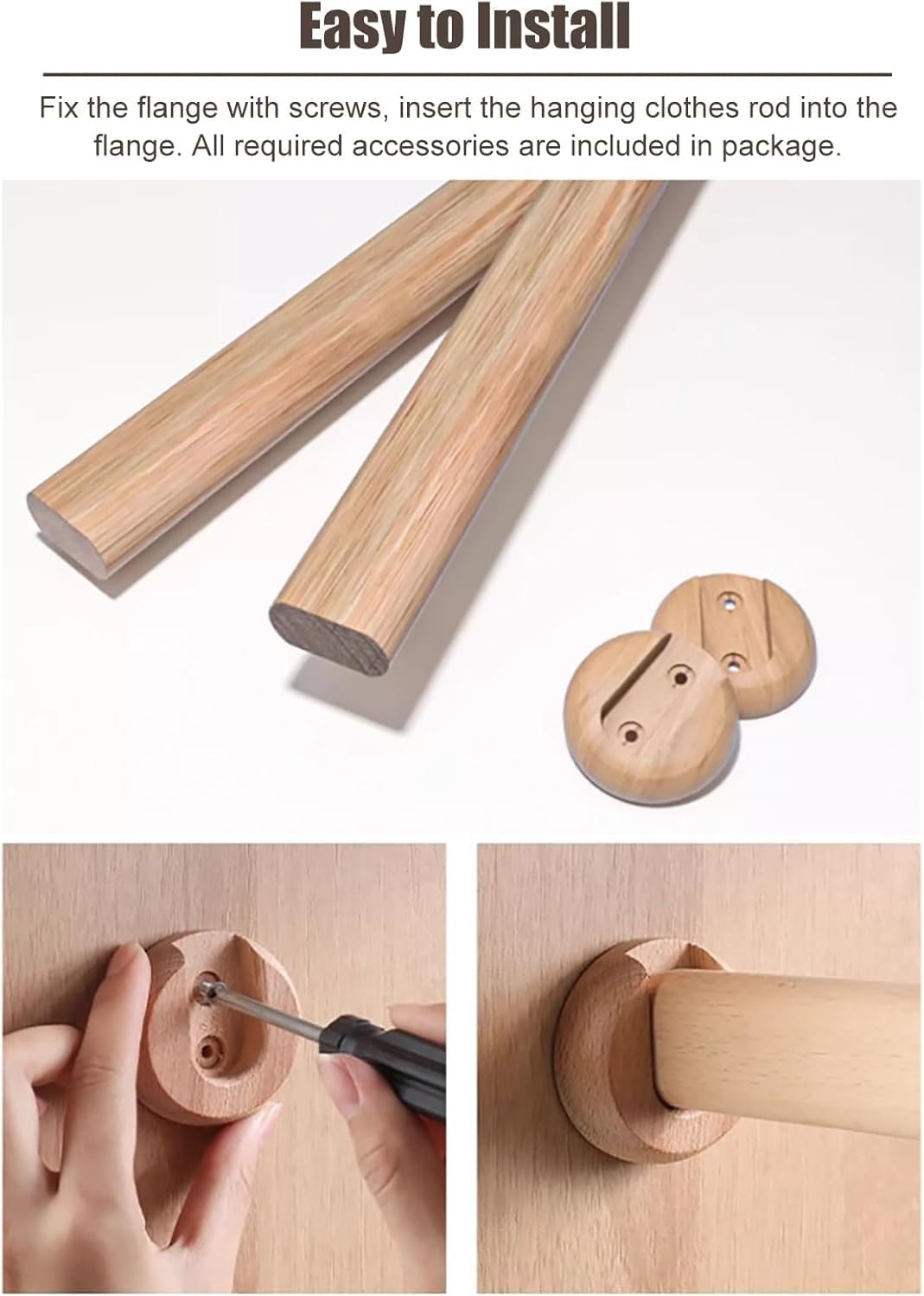 Closet Rods Natural Wood Oval Wardrobe Rail with End Support Heavy Duty Clothes Hanging Rod for Closet Easy to Install 130cm Dark Wood