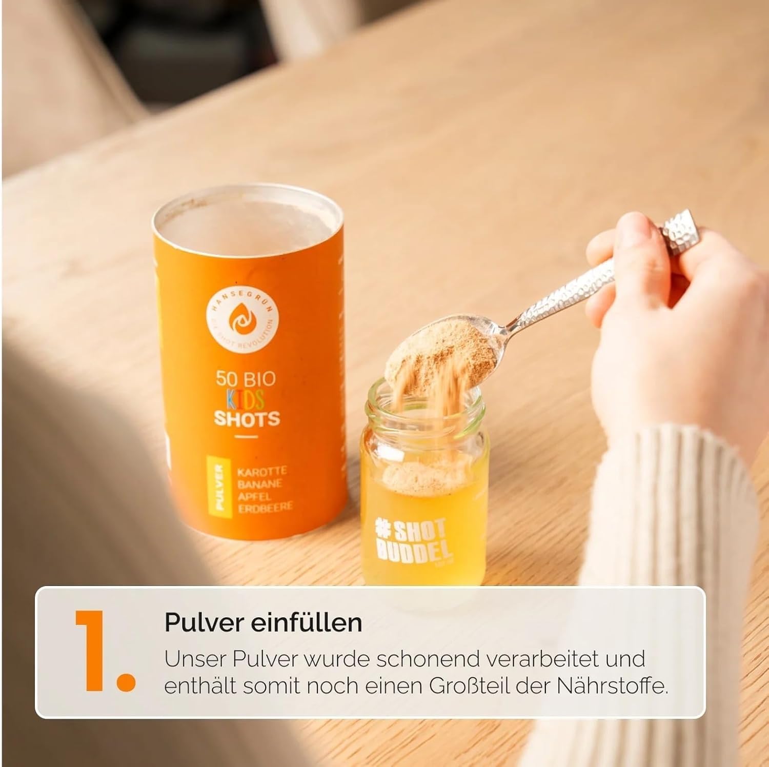 Hansegrün - Bio Kids Shots (50 Stk.) - Täglicher Allrounder für das Immunsystem¹, Zähne² & Knochen³ - Superfood-Pulver mit Gemüse, Früchten & Beeren - 100% echte Zutaten zur täglichen Zubereitung