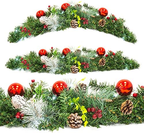 GloBrite 90cm Pre-Lit Decorated Arch Christmas Garland with 20 Cold White LED Lights - Ornamental Xmas Garland Wreath with Baubles and Berries Ornaments for Indoor Outdoor Decoration