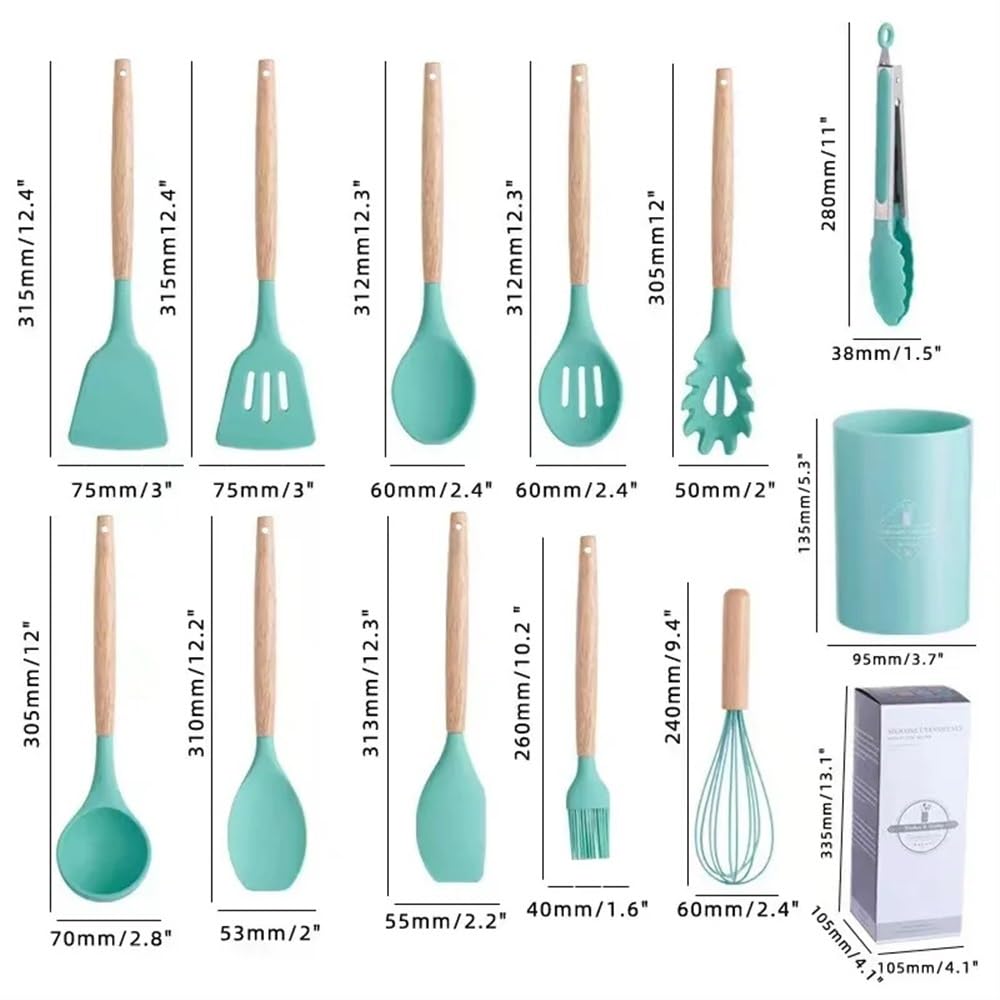 12-teiliges Silikon-Kochutensilien-Set mit Holzgriff, Küchenhelfer, Antihaft-Kochgeschirr, Spatel, Schaufel, Ei, Küchengeschirr, Schlägel (grün, 12 Stück)