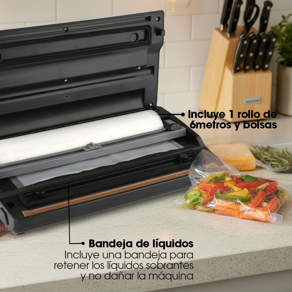 Vesta Precision Envasadora al Vacío Doméstica V11 con Barra de Sellado de 31cm | Panel Táctil con Varias Funciones, Incluye Bolsas de Envsar (Rollo), Color Negro, 8,9x38x19,9cm,