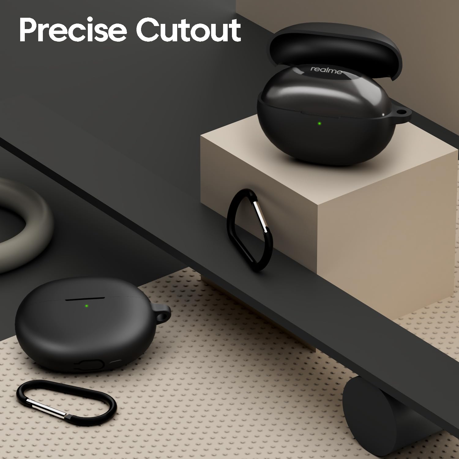 Sounce Silicone Case Cover for Realme Buds Air 6 Pro, Portable Non-Slip Grip & Scratch-Resistant Protector with Carabiner Clip Full Protection Water Resistant, Shockproof Cover - Black 4