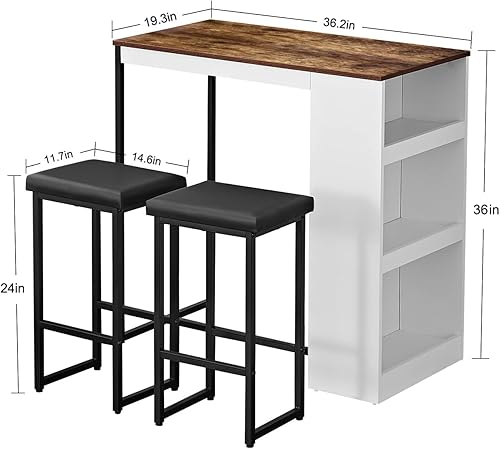 Vista 2 de Panana Juego de mesa de comedor de 3 piezas, mesa de bar de cocina con dos estantes de almacenamiento de taburetes, mesa de madera con acabado