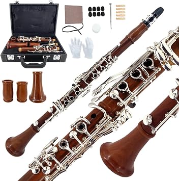 Yinfente Bb Clarinet for Beginner 17 Key Nickel-plated Rosewood b Flat Clarinet with 2 Barrels,Hard Case,Cleaning Kit,Mouthpiece,Cork Grease,Gloves,Reeds,Cushion