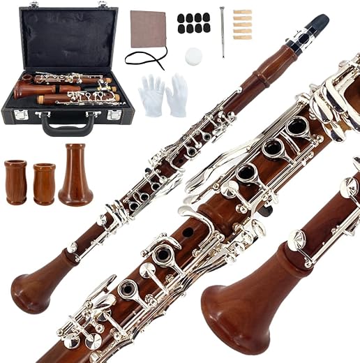 Yinfente Rosewood Clarinete Silver Plated Keys Bb flat Clarinet for Beginner Students with 2 Barrels Hard Case Cleaning Ki...